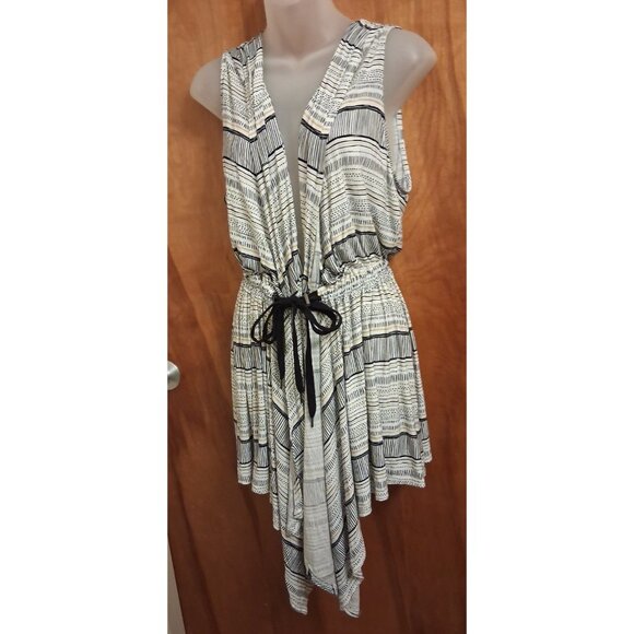 Women’s Cato L Swim Cover Up Cinch Kimono Tie Front Robe sleeveless blk stripe - Picture 2 of 6